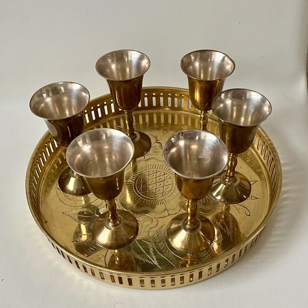 Elegant Brass and Silver Goblet Set with Tray